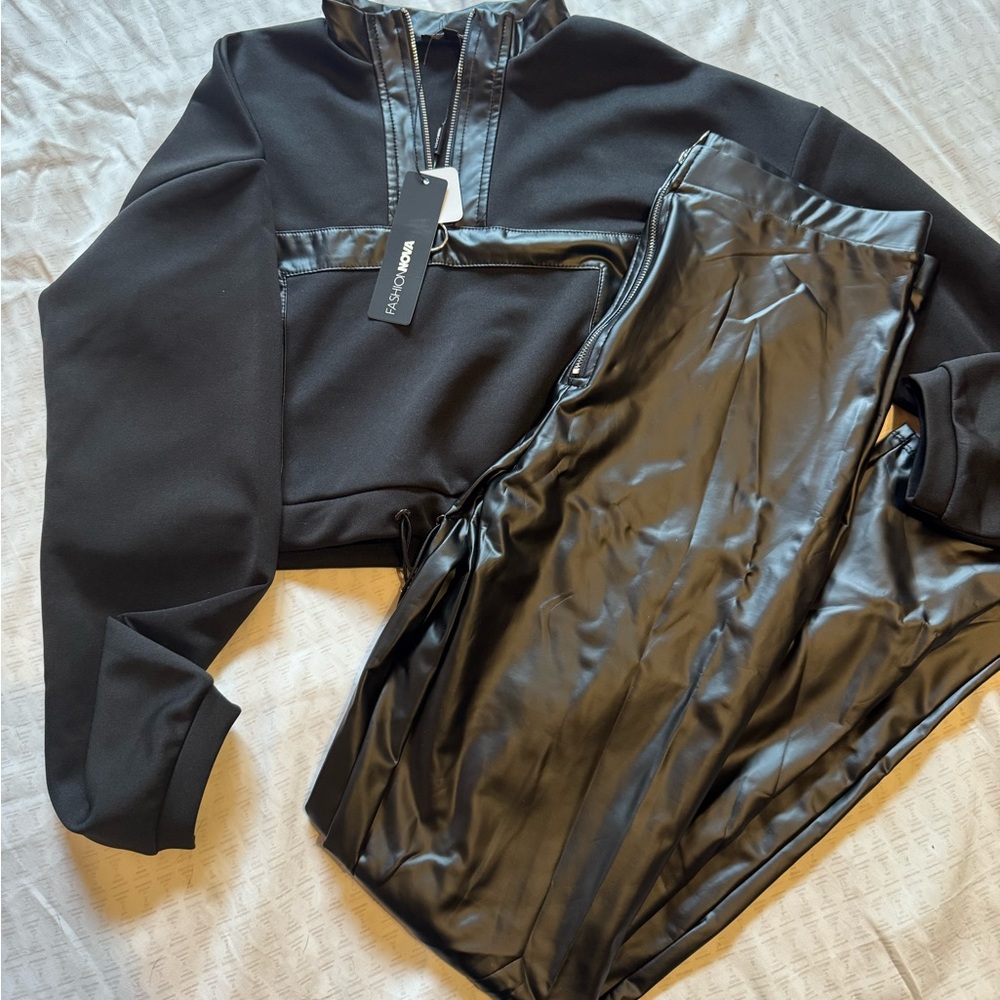 Fashion Nova Black Zippered Top with Faux Leather Detail